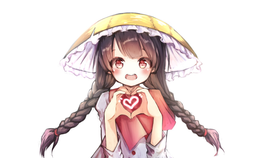 1girl ajirogasa arms_up blush braid brown_hair capelet commentary_request dress floating_hair grey_dress hat heart heart_hands highres long_hair long_sleeves looking_at_viewer nekomarieru open_mouth red_capelet red_eyes simple_background sleeves_past_elbows solo standing touhou twin_braids upper_body upper_teeth very_long_hair white_background yatadera_narumi