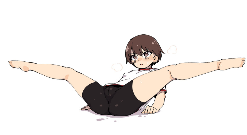 1girl aomushi_(mushamusha) arm_support breath brown_eyes brown_hair girls_und_panzer gym_shirt highres isobe_noriko lying on_back shirt short_hair solo spread_legs sweat toe-point white_background