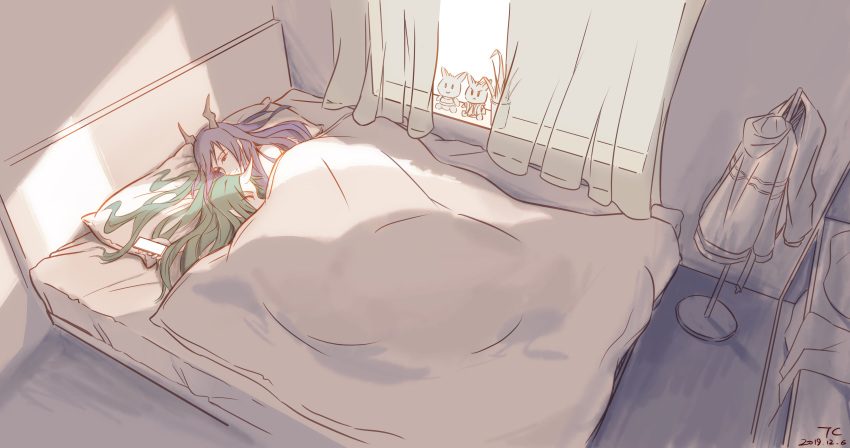 2girls absurdres arknights bed bed_sheet bedroom blue_hair ch'en_(arknights) coat curtains green_hair highres horn horns hoshiguma_(arknights) indoors long_hair multiple_girls on_bed pillow plant potted_plant red_eyes sleeping stuffed_animal stuffed_toy tory-chen window yuri
