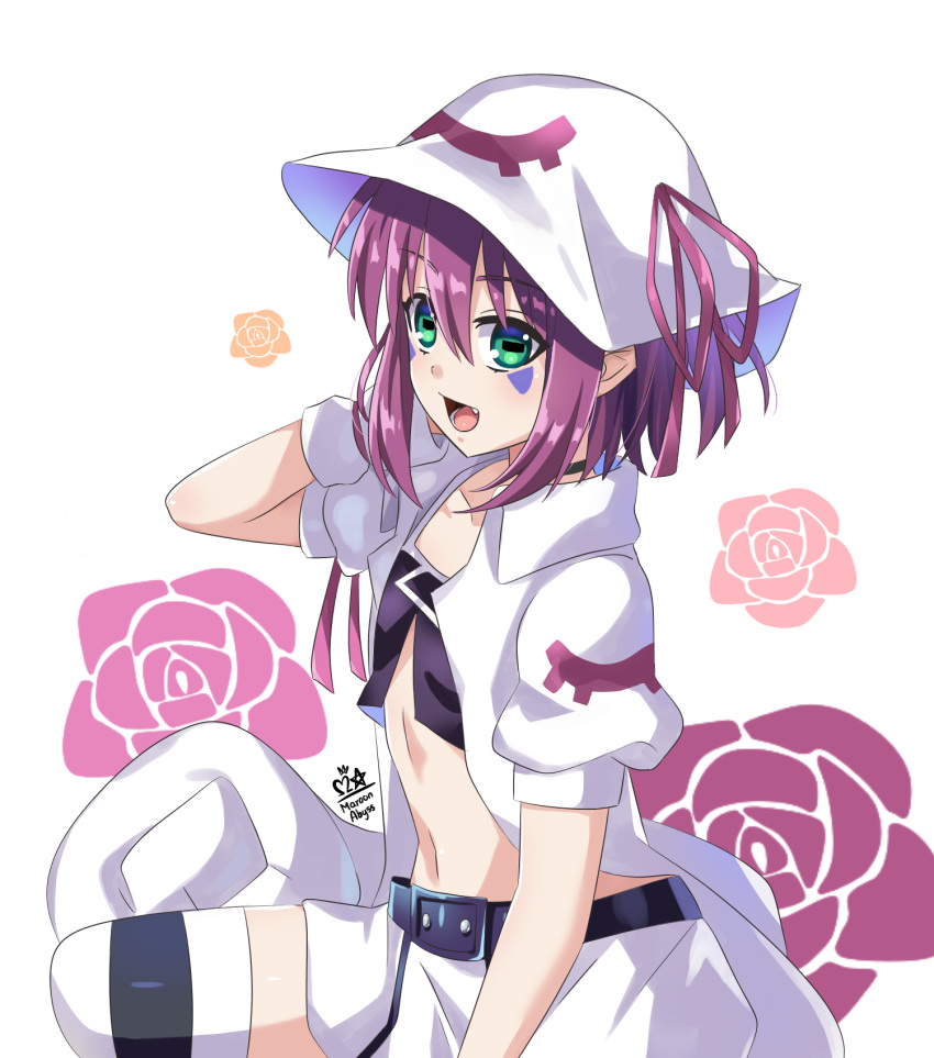 1girl facial_mark fang flat_chest green_eyes hat highres looking_at_viewer maroonabyss merry_nightmare midriff pointy_ears puffy_short_sleeves puffy_sleeves purple_hair short_hair short_sleeves smile solo square_pupils striped striped_legwear thigh-highs wristband yumekui_merry