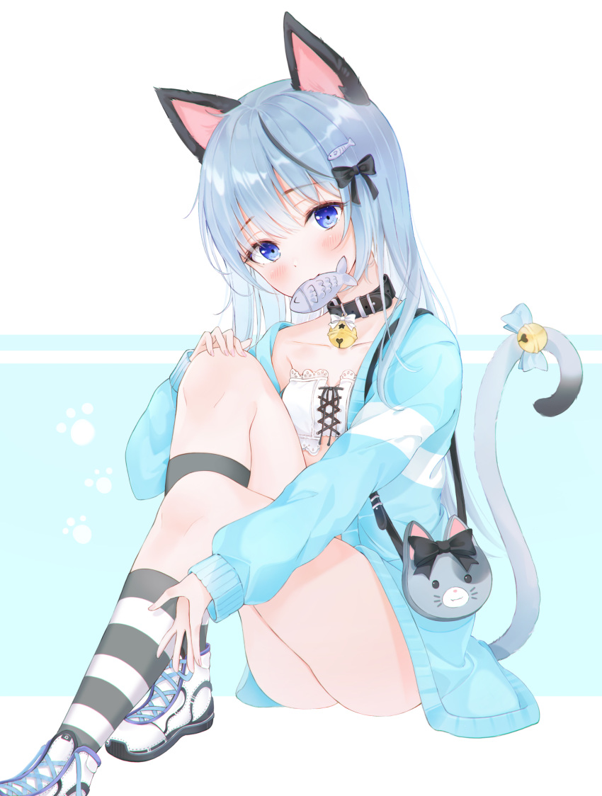 1girl absurdres animal_ears ass bag bandeau bell blue_eyes blue_hair blue_jacket borrowed_character bow cat_ears cat_girl cat_tail collar fish hair_ornament hairclip handbag highres jacket jingle_bell kneehighs knees_up lebring long_hair long_sleeves looking_at_viewer mouth_hold multicolored_hair open_clothes open_jacket original shoes sitting solo strapless streaked_hair striped striped_legwear tail tail_bow tail_raised thighs white_footwear