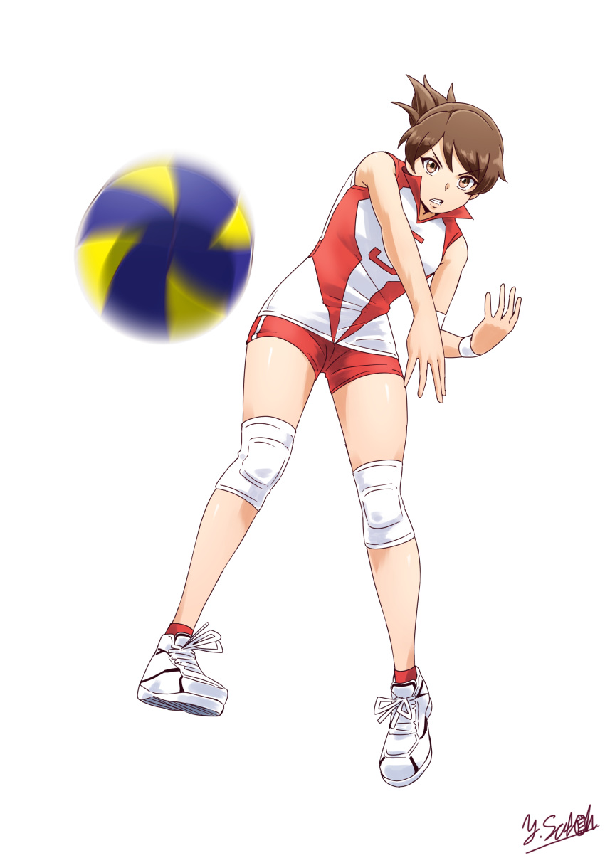 1girl absurdres bangs brown_eyes brown_hair commentary elbow_pads full_body girls_und_panzer grimace highres jumping kawanishi_shinobu knee_pads looking_at_viewer motion_blur red_legwear red_shirt red_shorts satou_yasu shirt shoes short_hair short_ponytail short_shorts shorts single_vertical_stripe sleeveless sleeveless_shirt sneakers socks solo sportswear swept_bangs volleyball volleyball_uniform white_footwear wristband