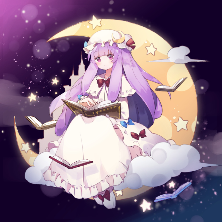 blush book bow eyebrows eyebrows_visible_through_hair fujii_shino hat highres holding holding_book long_hair looking_at_viewer moon patchouli_knowledge purple_hair sitting star touhou violet_eyes