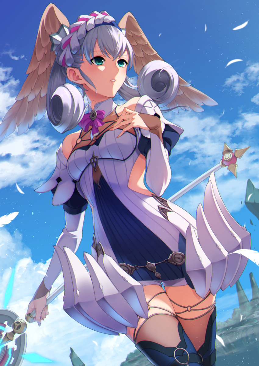 1girl blue_eyes braid breasts cowboy_shot crown_braid day dutch_angle from_below head_wings highres holding holding_staff juliet_sleeves long_sleeves melia o-ring outdoors puffy_sleeves silver_hair sky small_breasts solo staff sugarbeat thigh-highs xenoblade_(series) xenoblade_1 xenoblade_1:_tsunagaru_mirai