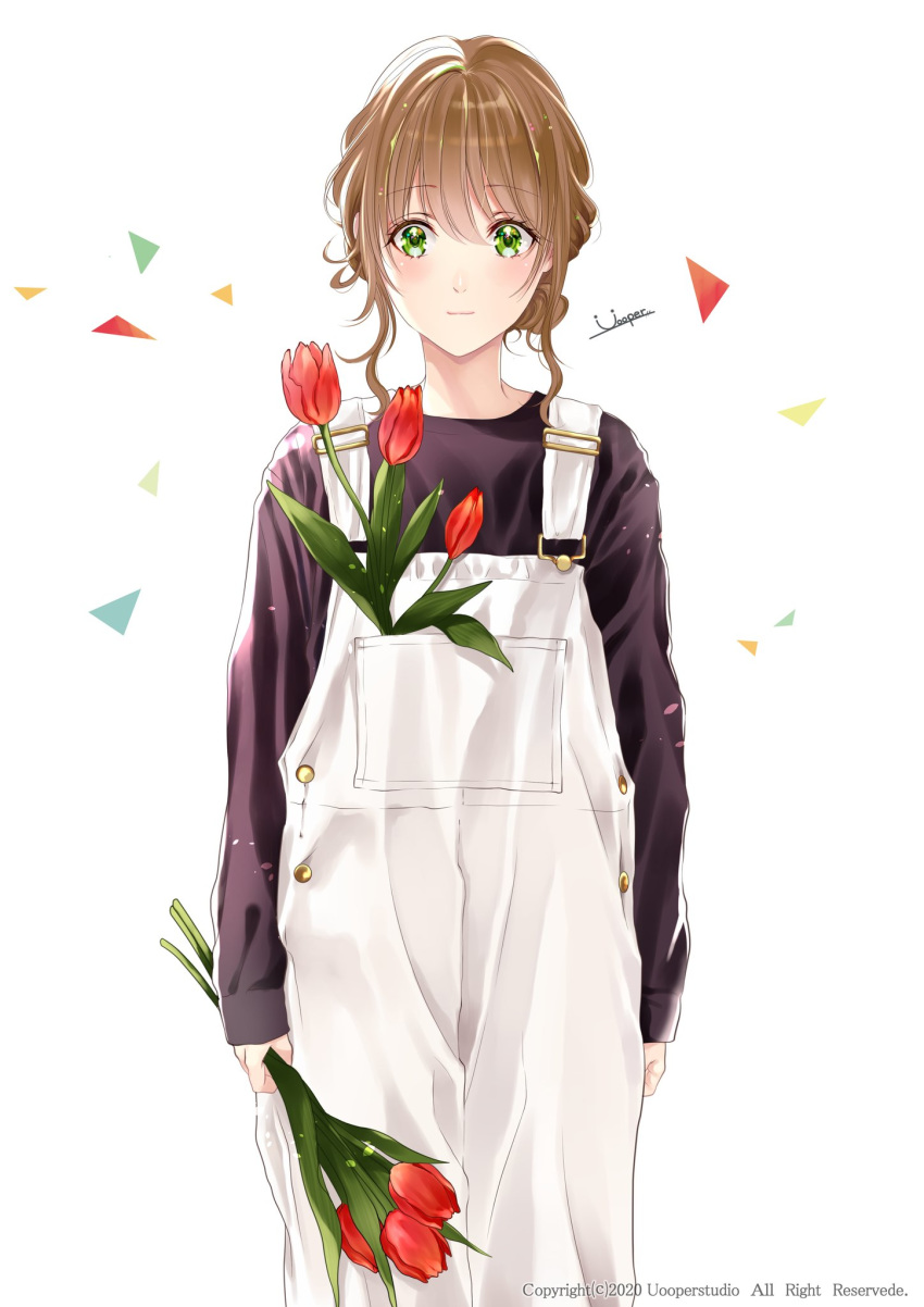 1girl blonde_hair eye_contact facing_viewer flower green_eyes highres looking_at_another original overalls red_flower tulip uooper