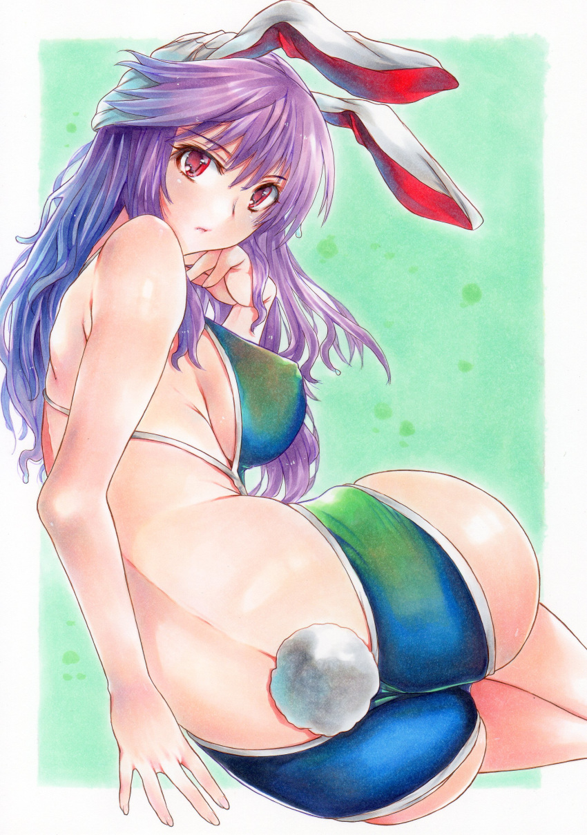 1girl absurdres alternate_costume animal_ears ass bangs bare_arms bare_shoulders bikini blue_bikini breasts bunny_girl bunny_tail closed_mouth covered_nipples eyebrows_visible_through_hair fingernails hair_between_eyes hand_up highres lips long_hair medium_breasts pink_lips purple_hair rabbit_ears red_eyes reisen_udongein_inaba rozarin sideboob solo swimsuit tail touhou traditional_media water wet wet_hair