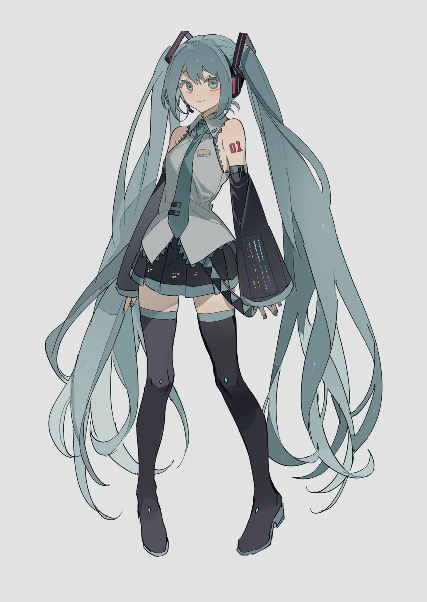 1girl arms_at_sides bare_shoulders black_footwear black_legwear black_skirt blue_eyes blue_hair blue_nails blue_neckwear boots breasts closed_mouth collared_shirt colored_eyelashes derivative_work detached_sleeves dot_nose eyelashes fingernails full_body grey_background grey_shirt hair_between_eyes happy hatsune_miku headset highres legs_apart long_hair looking_at_viewer necktie number_tattoo pleated_skirt shiny shiny_hair shirt shoulder_tattoo sidelocks simple_background skirt sleeveless sleeveless_shirt small_breasts smile solo standing tattoo thigh-highs thigh_boots twintails vocaloid vocaloid_boxart_pose zettai_ryouiki zhibuji_loom