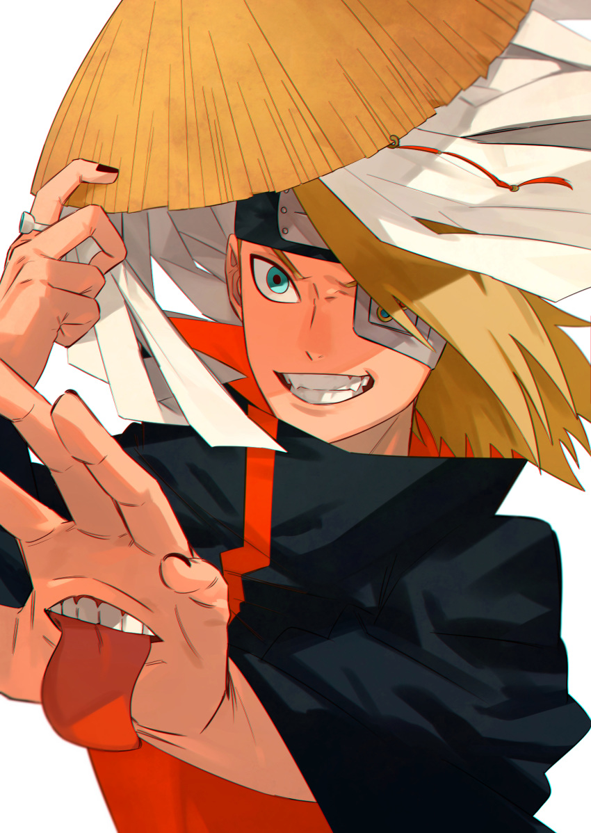 1boy akatsuki_(naruto) akatsuki_uniform artificial_eye blonde_hair blue_eyes deidara eyepatch forehead_protector hair_over_one_eye hand_up happy hat hat_removed headwear_removed highres iwagakure_symbol jewelry long_hair male_focus mechanical_eye mouth naruto naruto_(series) naruto_shippuuden ninja one_eye_covered oriharaizaya0111 otoko_no_ko ponytail ring smile solo teeth tied_hair tongue