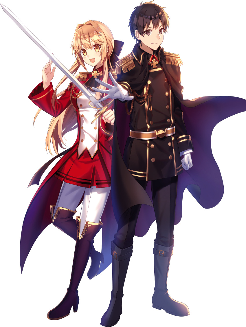 1boy 1girl absurdres blonde_hair boots genjitsu_shugi_yuusha_no_oukoku_saikenki highres liscia_elfrieden long_hair souma_kazuya sword thigh-highs thigh_boots weapon yellow_eyes