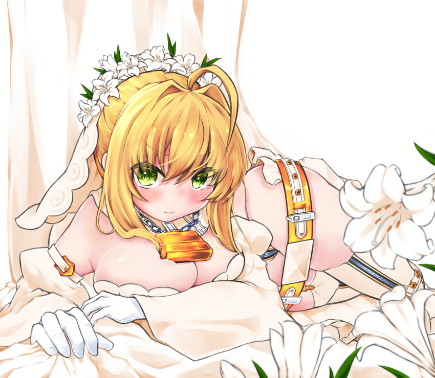 1girl ahoge bangs belt blonde_hair blush breasts bridal_veil chain closed_mouth damenah1t0 detached_sleeves elbow_gloves fate/extra fate/extra_ccc fate_(series) flower flower_wreath full-length_zipper gloves green_eyes hair_intakes head_wreath highres leotard lock long_hair long_sleeves looking_at_viewer loose_belt lying nero_claudius_(bride)_(fate) nero_claudius_(fate)_(all) on_side padlock puffy_detached_sleeves puffy_sleeves thigh-highs thighs veil white_gloves white_legwear white_leotard white_sleeves wide_sleeves zipper