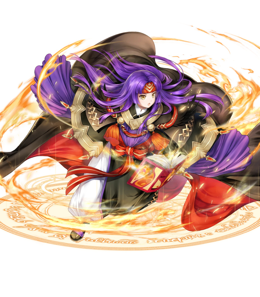 1girl alternate_costume book boots cape feathers fire fire_emblem fire_emblem:_radiant_dawn fire_emblem_heroes full_body headband highres long_hair magic_circle official_art open_mouth purple_hair sanaki_kirsch_altina solo transparent_background yamada_koutarou yellow_eyes