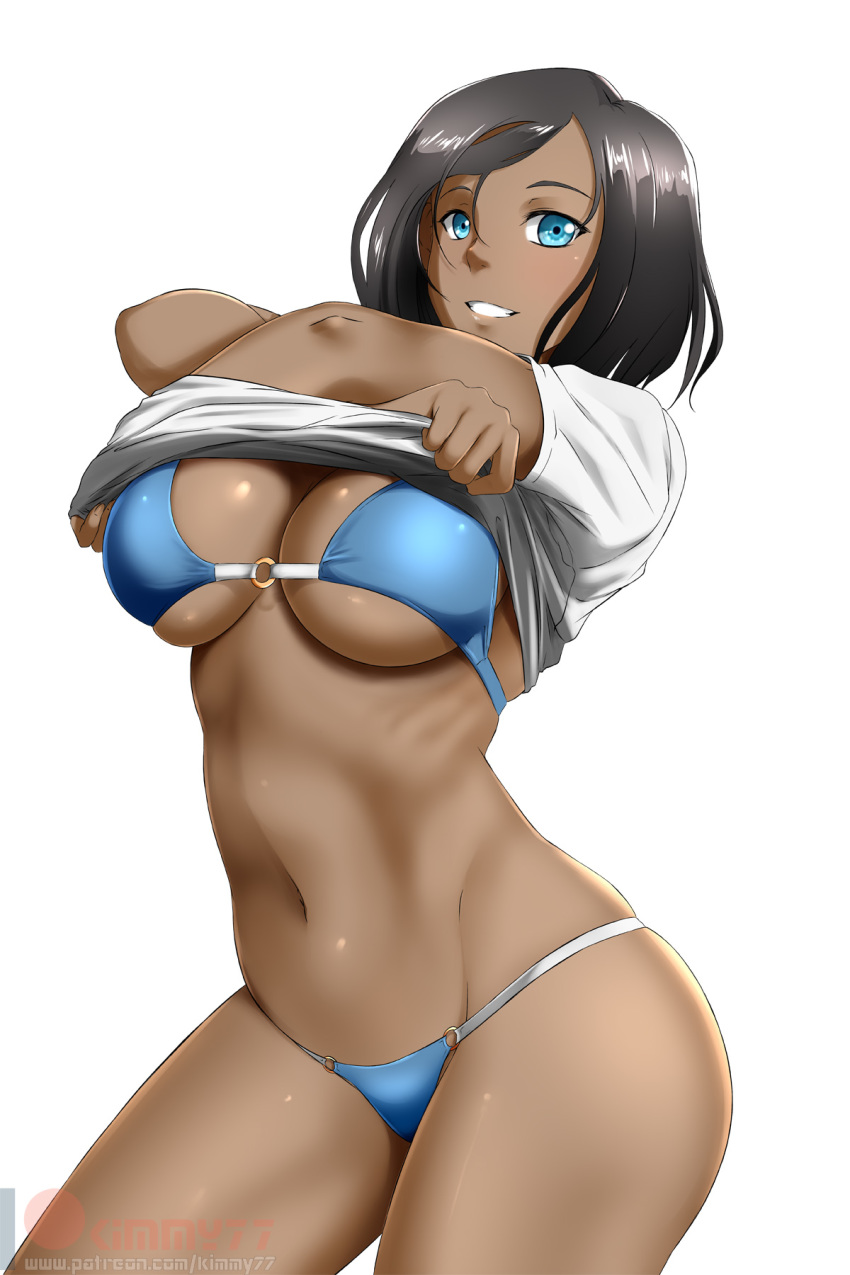1girl :d alfred_cullado arms_up avatar_(series) bangs banned_artist bikini black_hair blue_bikini blue_eyes blush breasts contrapposto cowboy_shot grin highres korra large_breasts lifted_by_self looking_at_viewer navel o-ring o-ring_bikini open_mouth shirt shirt_lift short_hair short_sleeves simple_background skindentation smile solo stomach swept_bangs swimsuit teeth the_legend_of_korra under_boob white_background white_shirt