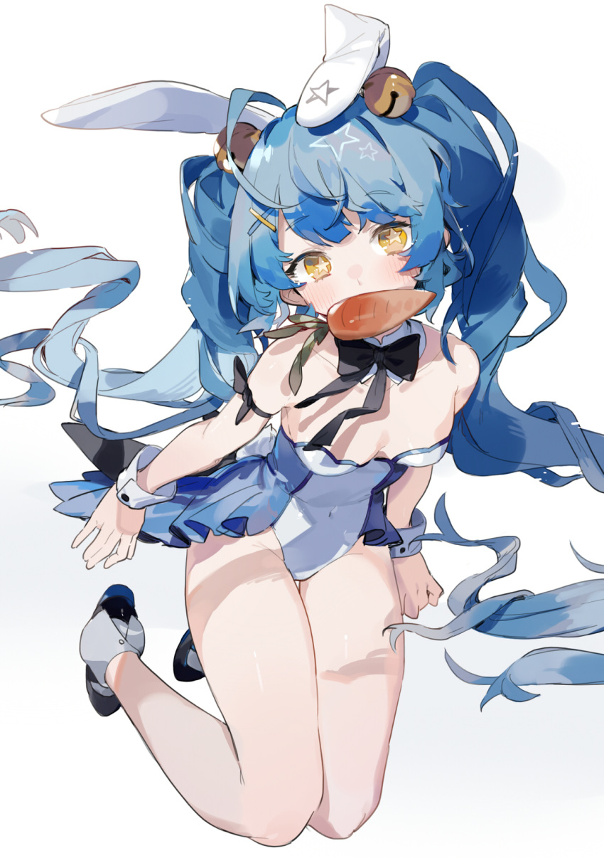 1girl ahoge amamiya_kokoro animal_ears bell black_footwear blue_hair blush bunnysuit carrot covered_navel detached_collar food_in_mouth full_body groin hair_bell hair_ornament highres jingle_bell kneeling long_hair looking_at_viewer nijisanji rabbit_ears sh_(562835932) solo star_(symbol) thigh_gap twintails very_long_hair virtual_youtuber wrist_cuffs yellow_eyes