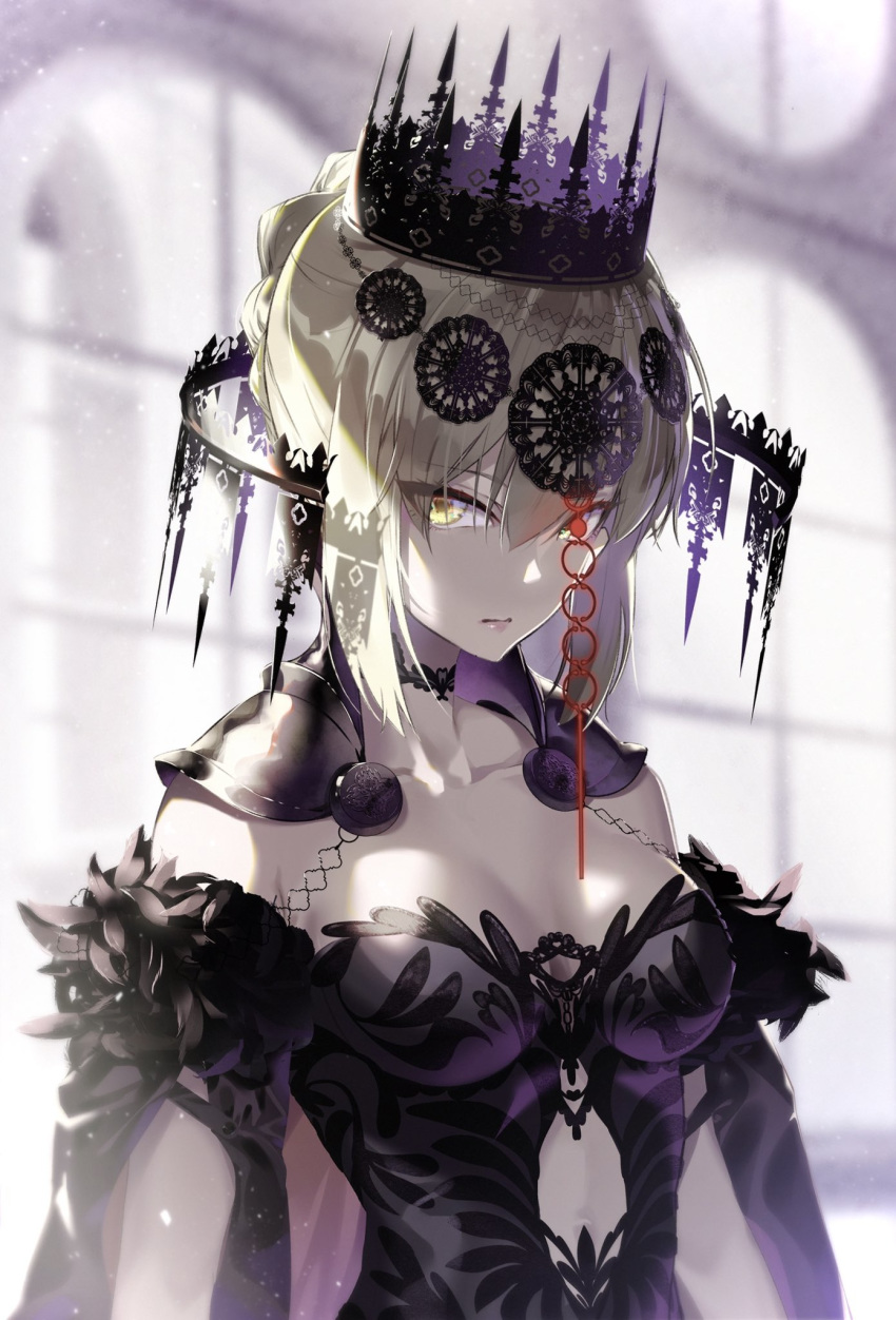 1girl artoria_pendragon_(all) black_dress breasts cape choker collarbone commentary crown cutout_above_navel dress expressionless eyebrows_visible_through_hair fate/grand_order fate_(series) feather_trim highres lace lace_choker lips looking_at_viewer medium_breasts pale_skin pauldrons saber_alter solo tsurukame upper_body window yellow_eyes