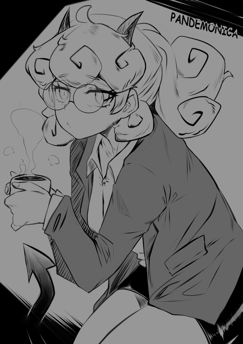 1girl absurdres black_horns black_miniskirt black_skirt black_tail breasts business_suit character_name closed_mouth coffee coffee_mug collared_shirt cup curly_hair demon_girl demon_horns demon_tail eyebrows_visible_through_hair formal glasses grey_background greyscale helltaker highres holding holding_cup horns jacket long_sleeves looking_at_viewer medium_breasts medium_hair miniskirt moisture_(chichi) monochrome mug pandemonica_(helltaker) ponytail shirt short_hair simple_background skirt small_breasts suit tail upper_body white_hair