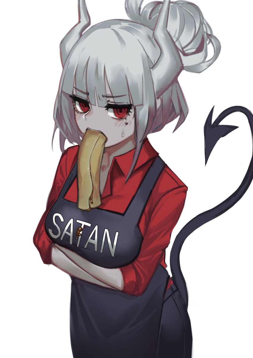 1girl absurdres apron bangs black_apron black_pants blush breast_hold breasts collared_shirt commentary demon_girl demon_horns demon_tail eyebrows_visible_through_hair fixro2n food_in_mouth hair_between_eyes hair_bun helltaker highres horns looking_at_viewer lucifer_(helltaker) medium_breasts mole mole_under_eye mouth_hold pants red_eyes red_shirt shirt sidelocks silver_hair simple_background solo sweat tail tail_raised white_background