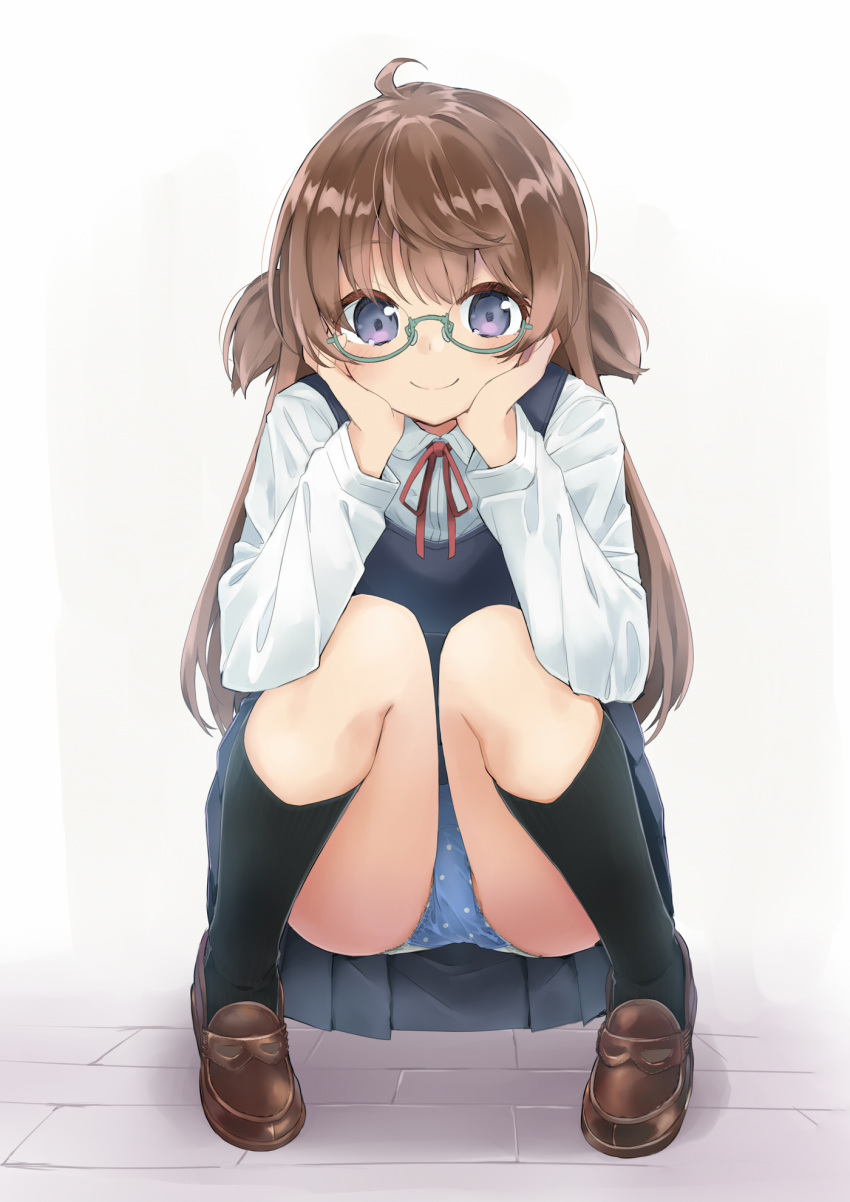 1girl ahoge amemiya_sekira black_dress black_legwear blue_eyes blue_panties blush brown_footwear brown_hair closed_mouth collared_shirt commentary_request dress dress_shirt full_body green-framed_eyewear highres kneehighs knees_up loafers long_hair long_sleeves looking_at_viewer neck_ribbon original panties pinafore_dress pleated_dress polka_dot polka_dot_panties red_ribbon ribbon sekira_ame semi-rimless_eyewear shirt shoes sleeveless sleeveless_dress smile solo squatting two_side_up under-rim_eyewear underwear very_long_hair white_shirt