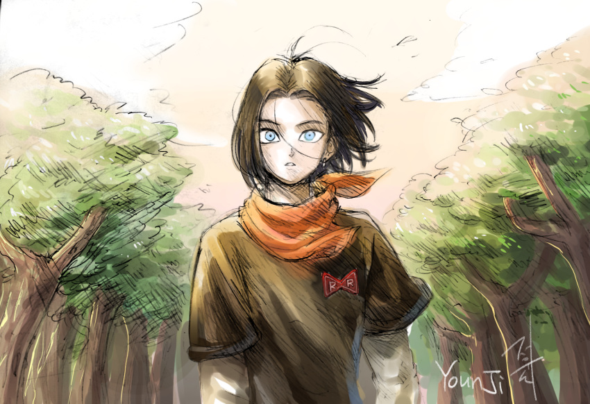 1boy android android_17 bandana black_hair blue_eyes dragon_ball dragon_ball_z forest highres long_sleeves male_focus medium_hair nature neckerchief open_mouth red_ribbon_army shirt short_hair signature solo surprised t-shirt tree upper_body user_pkav2242 wide-eyed wind