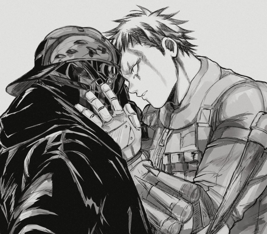 2boys aikawa_(dorohedoro) alternate_costume bara black_hair black_hoodie couple dorohedoro facial_mark florbetriz gloves greyscale helmet highres holding holding_another's_head hood hood_down long_sleeves looking_at_another male_focus monochrome multicolored_hair multiple_boys risu_(dorohedoro) simple_background two-tone_hair upper_body yaoi