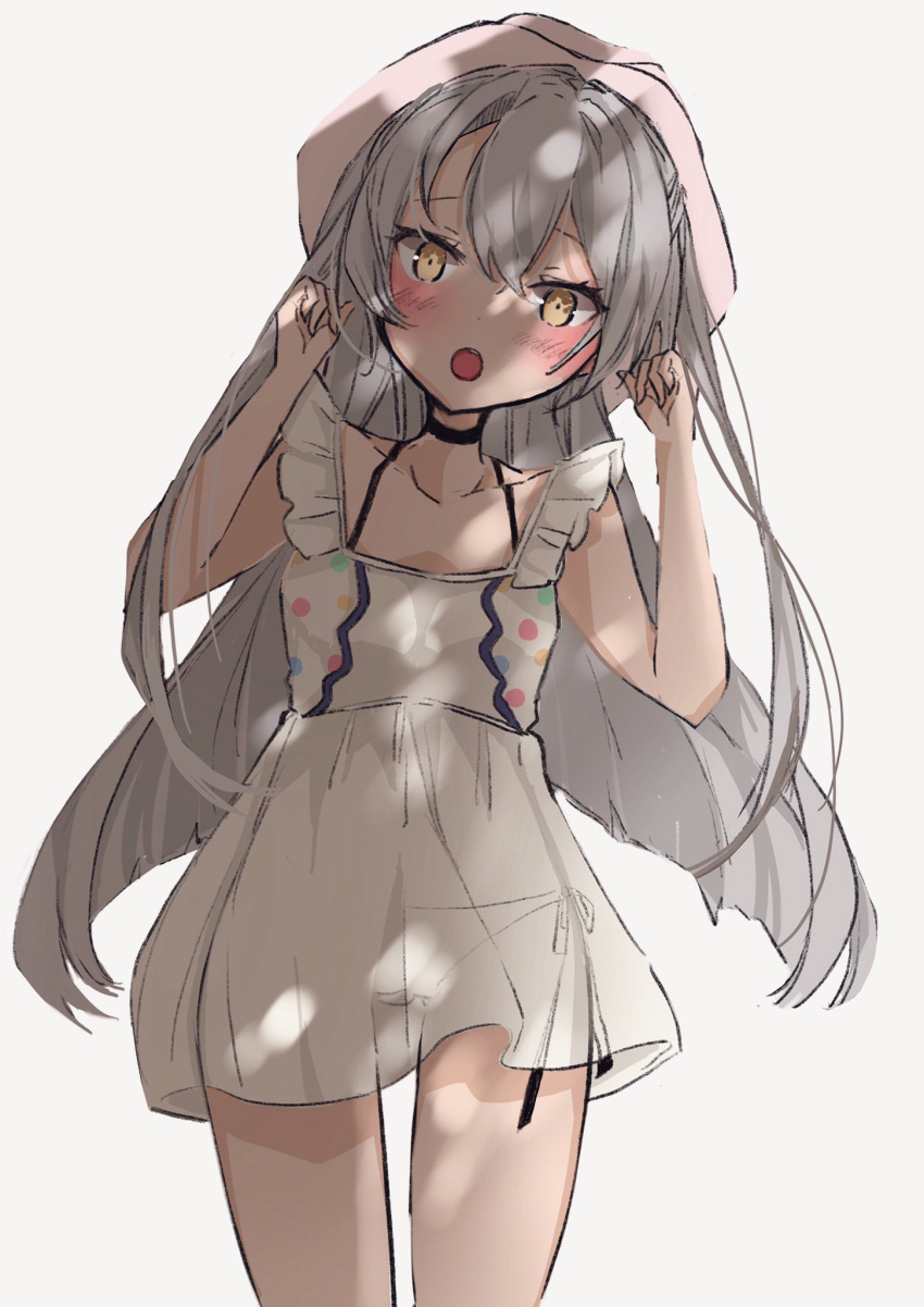 1girl alternate_costume amatsukaze_(kantai_collection) brown_eyes chigasaki_y commentary_request cowboy_shot dappled_sunlight dress frilled_dress frills hat highres kantai_collection leaning_to_the_side long_hair looking_at_viewer open_mouth silver_hair simple_background solo sundress sunlight two_side_up white_background white_dress