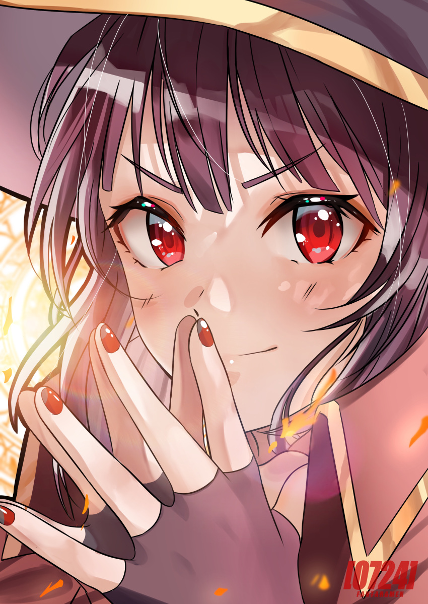 absurdres artist_name bangs black_cloak brown_hair cloak close-up fingerless_gloves furrowed_eyebrows gloves hands_together hat highres kono_subarashii_sekai_ni_shukufuku_wo! light_smile looking_at_viewer megumin nail_polish portrait red_eyes red_nails short_hair sidelocks steepled_fingers witch_hat zeroseven24