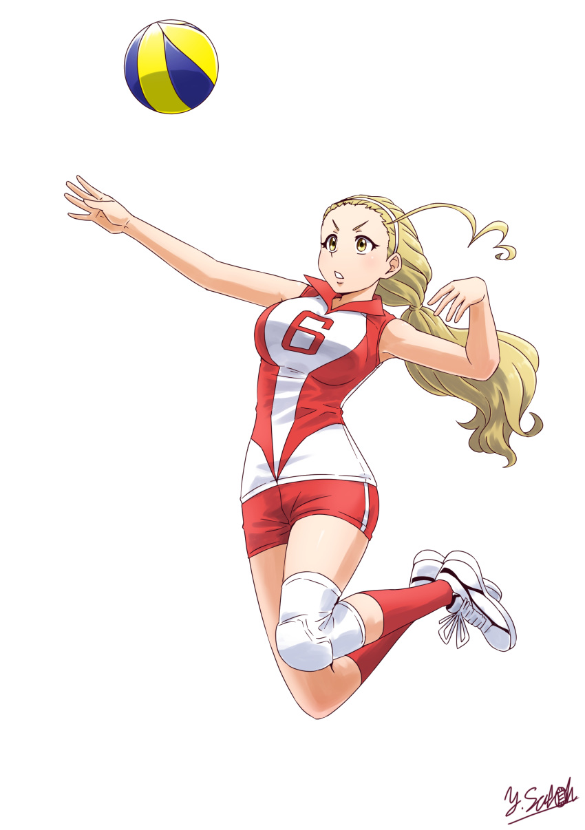 1girl absurdres artist_name blonde_hair brown_eyes full_body girls_und_panzer hair_pulled_back hairband highres jumping knee_pads legs_up long_hair parted_lips ponytail red_legwear red_shirt red_shorts sasaki_akebi satou_yasu shirt shoes short_shorts shorts signature simple_background single_vertical_stripe sleeveless sleeveless_shirt sneakers socks solo spiking sportswear volleyball volleyball_uniform white_background white_footwear white_hairband