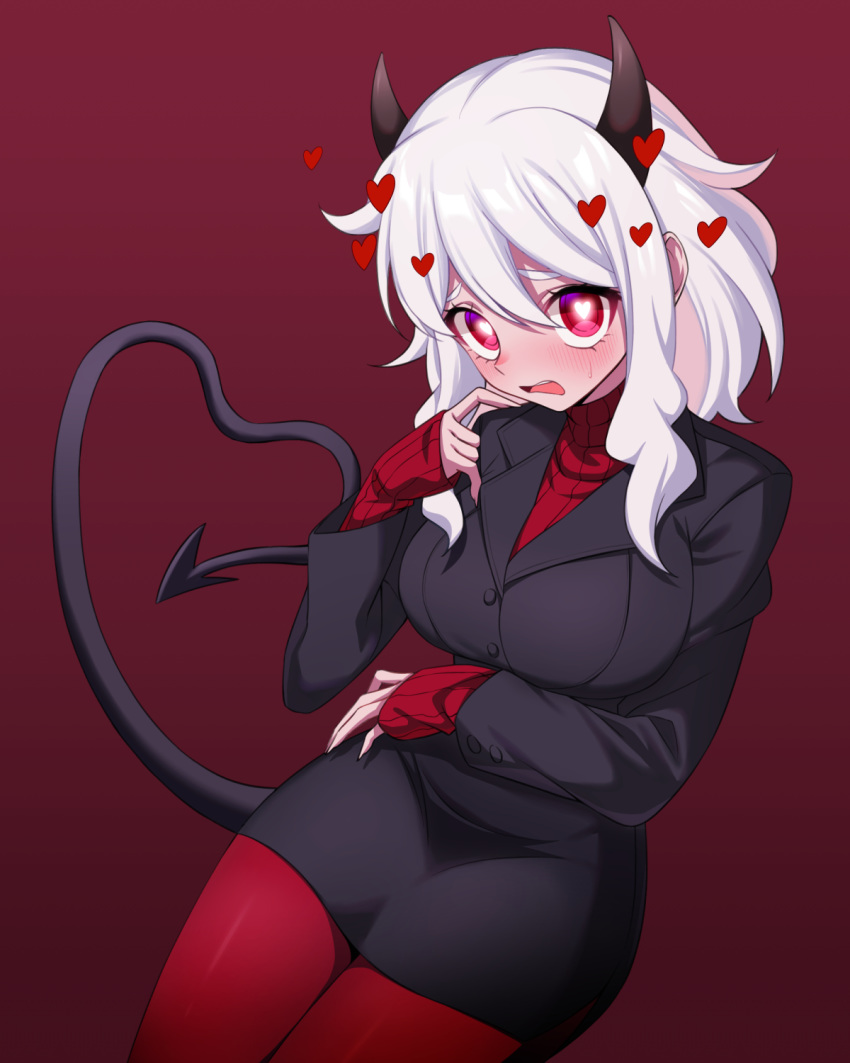1girl black_horns black_jacket black_sleeves black_tail blazer blush breasts child_(isoliya) commentary demon_girl demon_tail gradient gradient_background hair_ornament hand_up heart heart-shaped_pupils heart_hair_ornament heart_tail helltaker highres horns jacket large_breasts long_sleeves looking_at_viewer modeus_(helltaker) open_mouth pantyhose red_background red_eyes red_legwear red_sweater ribbed_sweater solo sweater symbol-shaped_pupils tail teeth upper_teeth white_hair