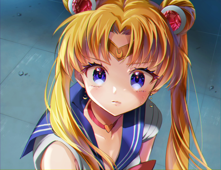 1girl araisuzuka729 bishoujo_senshi_sailor_moon blonde_hair blue_collar blue_eyes choker chromatic_aberration collar derivative_work diadem double_bun earrings forehead_jewel hair_bun hair_ornament heart heart_choker highres jewelry long_hair magical_girl parted_lips sailor_collar sailor_moon sailor_moon_redraw_challenge school_uniform serafuku shirt short_sleeves solo tears tsukino_usagi twintails upper_body v-shaped_eyebrows white_shirt