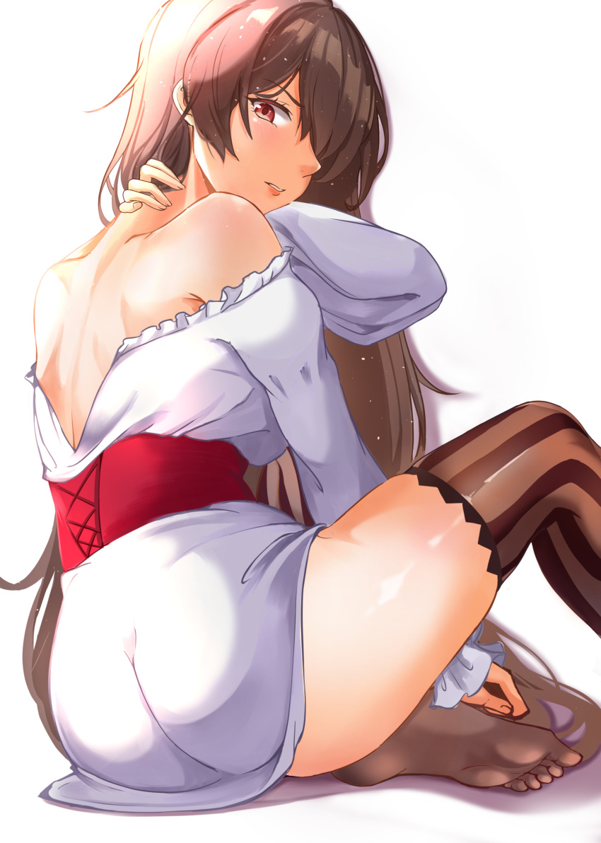 1girl absurdres alternate_costume angel_lingxing ass azur_lane bare_back bare_shoulders brown_hair corset dress frilled_dress frills from_side highres jean_bart_(azur_lane) long_hair looking_at_viewer looking_back red_corset red_eyes simple_background soles solo striped striped_legwear thigh-highs thighs very_long_hair white_background white_dress