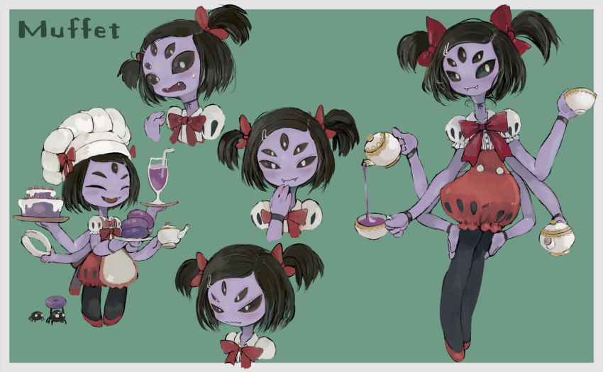 1girl black_legwear black_sclera bow bowtie bright_pupils bug cake character_name closed_mouth drinking_straw ebimomo fangs fangs_out food glass green_background hair_bow hand_up high-waist_skirt holding holding_food insect_girl looking_at_viewer muffet multiple_views open_mouth pantyhose puffy_short_sleeves puffy_sleeves red_bow red_footwear red_neckwear red_skirt shoes short_sleeves simple_background skirt slit_pupils smile spider spider_girl sweatdrop two_side_up undertale wavy_mouth wide-eyed wristband