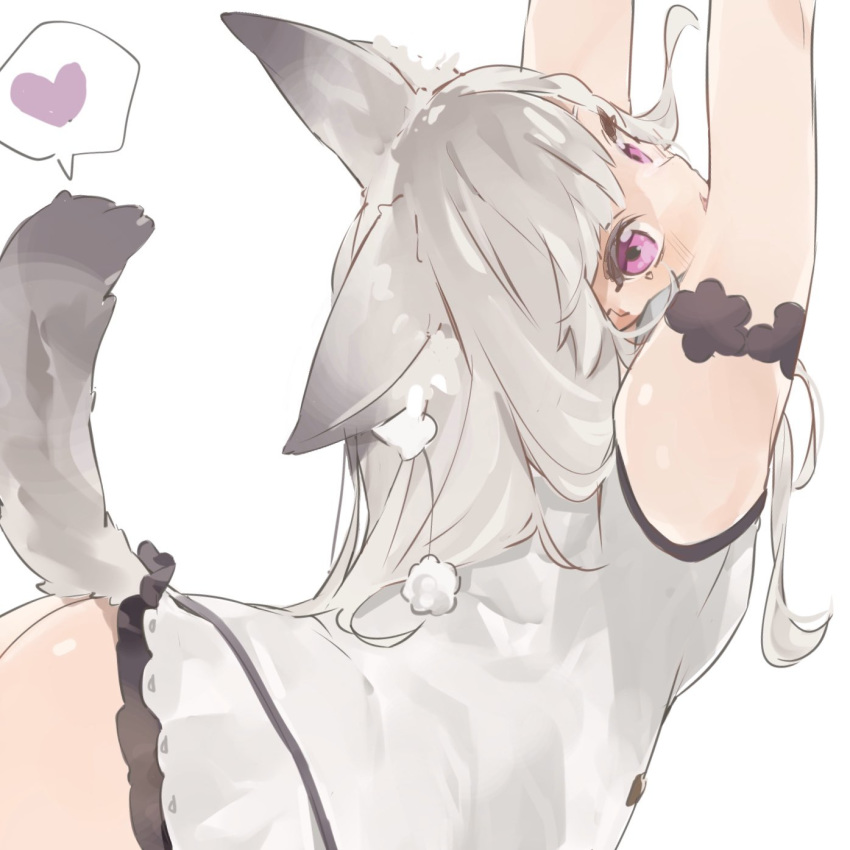 1girl animal_ear_fluff animal_ears animare arm_strap arms_up ass bangs blush braid cowboy_shot dress fox_ears fox_tail frilled_skirt frills from_behind heart highres jacket long_hair looking_at_viewer looking_back open_mouth pom_pom_(clothes) rippootai scarf shiromiya_mimi silver_hair simple_background skirt sleeveless solo spoken_heart tail thigh_strap violet_eyes virtual_youtuber white_background white_dress white_jacket