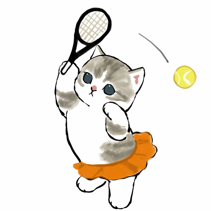 :&lt; animal animal_hands aqua_eyes ball cat cat_tail highres holding juno_(mofu_sand) kitten original playing playing_sports racket skirt sport tail tennis tennis_ball tennis_racket white_background white_skirt