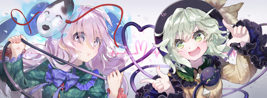 2girls :d aura bangs black_headwear blue_bow blue_neckwear bow bowtie commentary_request eyebrows_visible_through_hair frilled_shirt_collar frilled_sleeves frills green_eyes green_hair green_shirt grey_background hair_between_eyes hat hat_bow hata_no_kokoro heart heart_of_string highres komeiji_koishi long_hair long_sleeves looking_at_another mask mask_on_head multiple_girls open_mouth plaid plaid_shirt pointing purple_hair shirt short_hair simple_background smile syuri22 third_eye touhou upper_body violet_eyes wide_sleeves yellow_shirt