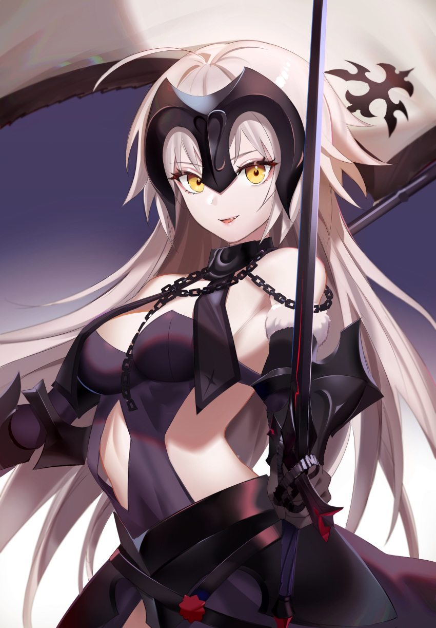 1girl absurdres armor armored_dress bare_back breasts chain cowboy_shot ei1han elbow_gloves fate/grand_order fate_(series) gloves headpiece highres jeanne_d'arc_(alter)_(fate) jeanne_d'arc_(fate)_(all) long_hair looking_at_viewer medium_breasts parted_lips platinum_blonde_hair solo standard_bearer sword weapon yellow_eyes
