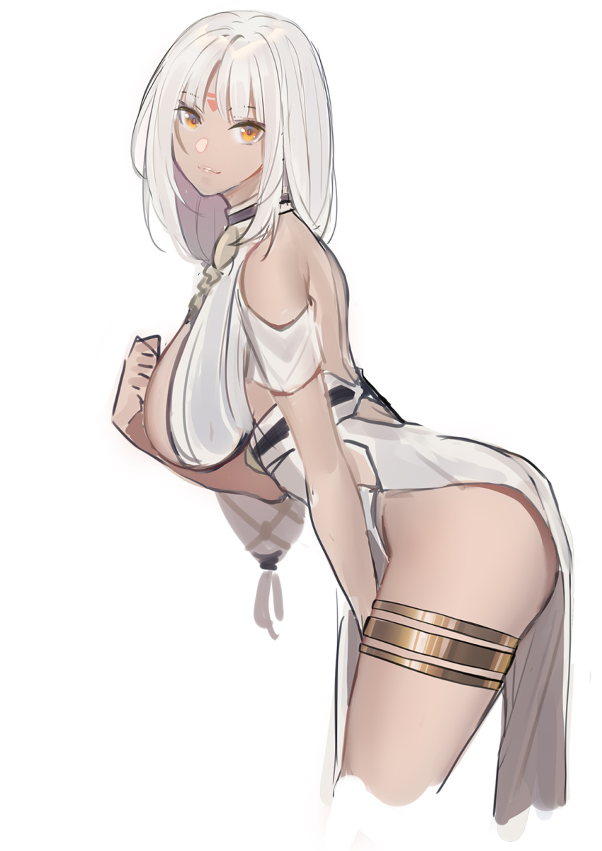 1girl azur_lane bangs bare_shoulders breasts center_opening commentary_request dress echj facial_mark forehead_mark from_side halter_dress hand_on_own_chest highres large_breasts leaning_forward long_hair looking_at_viewer low-tied_long_hair massachusetts_(azur_lane) massachusetts_(dressed_to_impress)_(azur_lane) native_american side_slit sideboob sleeveless sleeveless_dress tan thighlet thighs white_dress white_hair yellow_eyes