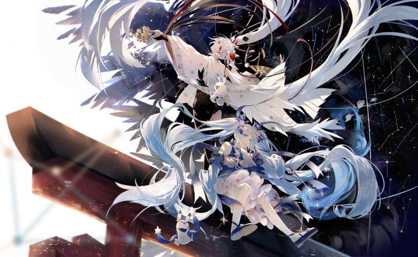 2girls absurdly_long_hair beamed_eighth_notes bell blue_dress blue_eyes blue_hair blurry_foreground commentary constellation dress dual_persona eighth_note feathered_wings frilled_dress frills hair_ornament hair_ribbon hatsune_miku head_tilt highres holding holding_instrument instrument japanese_clothes jingle_bell kagura_suzu kimono long_hair looking_back multiple_girls musical_note musical_note_print nura_orimoto outstretched_arms quarter_note rabbit_yukine ribbon sitting sitting_on_torii snowflake_print staff_(music) standing star_(sky) torii twintails very_long_hair vocaloid white_hair white_kimono wide_shot wings yuki_miku yuki_miku_(2017) yuki_miku_(2018)