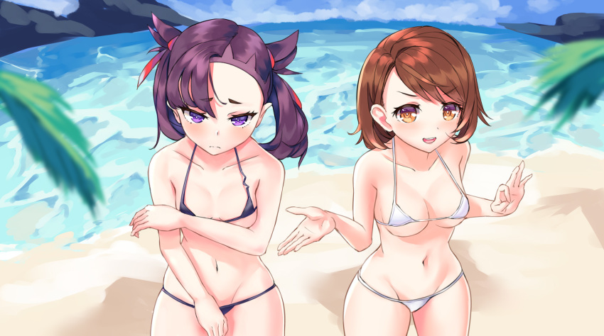 2girls beach bikini black_bikini blush breasts brown_eyes brown_hair covering covering_breasts highres looking_at_viewer mary_(pokemon) micro_bikini multiple_girls navel ocean pokemon pokemon_(game) pokemon_swsh purple_hair short_hair short_twintails small_breasts smile string_bikini summer swimsuit twintails under_boob violet_eyes white_bikini yuuri_(pokemon)