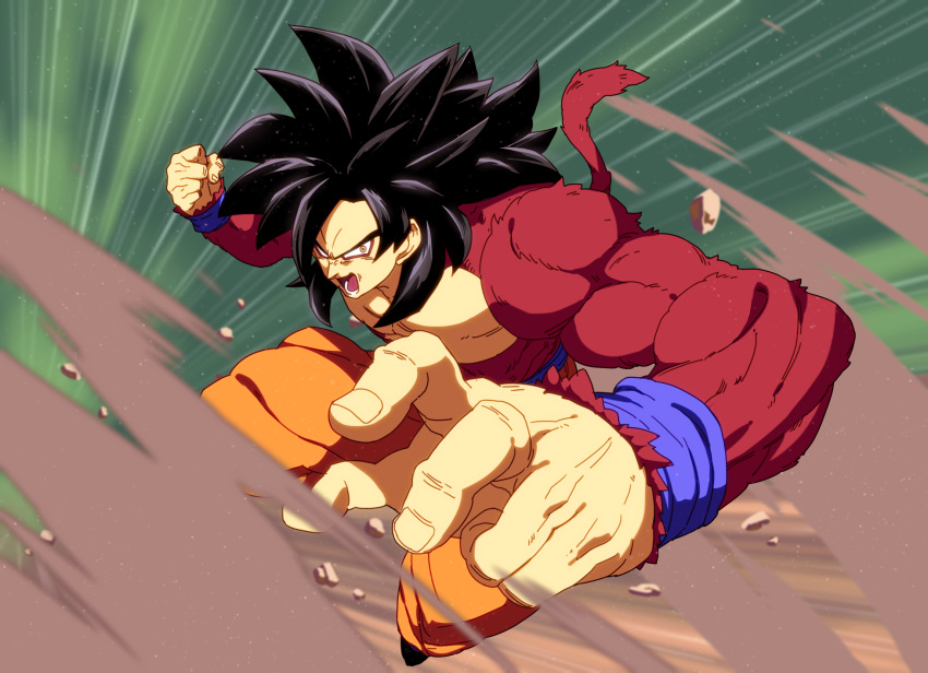 1boy abs bare_chest black_hair derivative_work dougi dragon_ball dragon_ball_fighterz dragon_ball_gt eyeshadow fur highres long_hair looking_at_viewer makeup male_focus monkey_boy monkey_tail muscle open_mouth pose red_eyeshadow red_fur screencap_redraw serious shirtless shouting solo son_gokuu spiky_hair super_saiyan super_saiyan_4 tail tasaka_shinnosuke wristband yellow_eyes