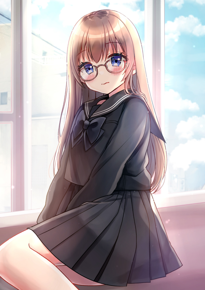 black_bow black_sailor_collar black_serafuku black_shirt black_skirt blue_eyes blush bow brown-framed_eyewear brown_hair closed_mouth commentary_request day glasses highres indoors long_hair looking_at_viewer minami_saki original pleated_skirt sailor_collar school_uniform serafuku shirt sitting skirt solo very_long_hair wavy_mouth window yokozuwari