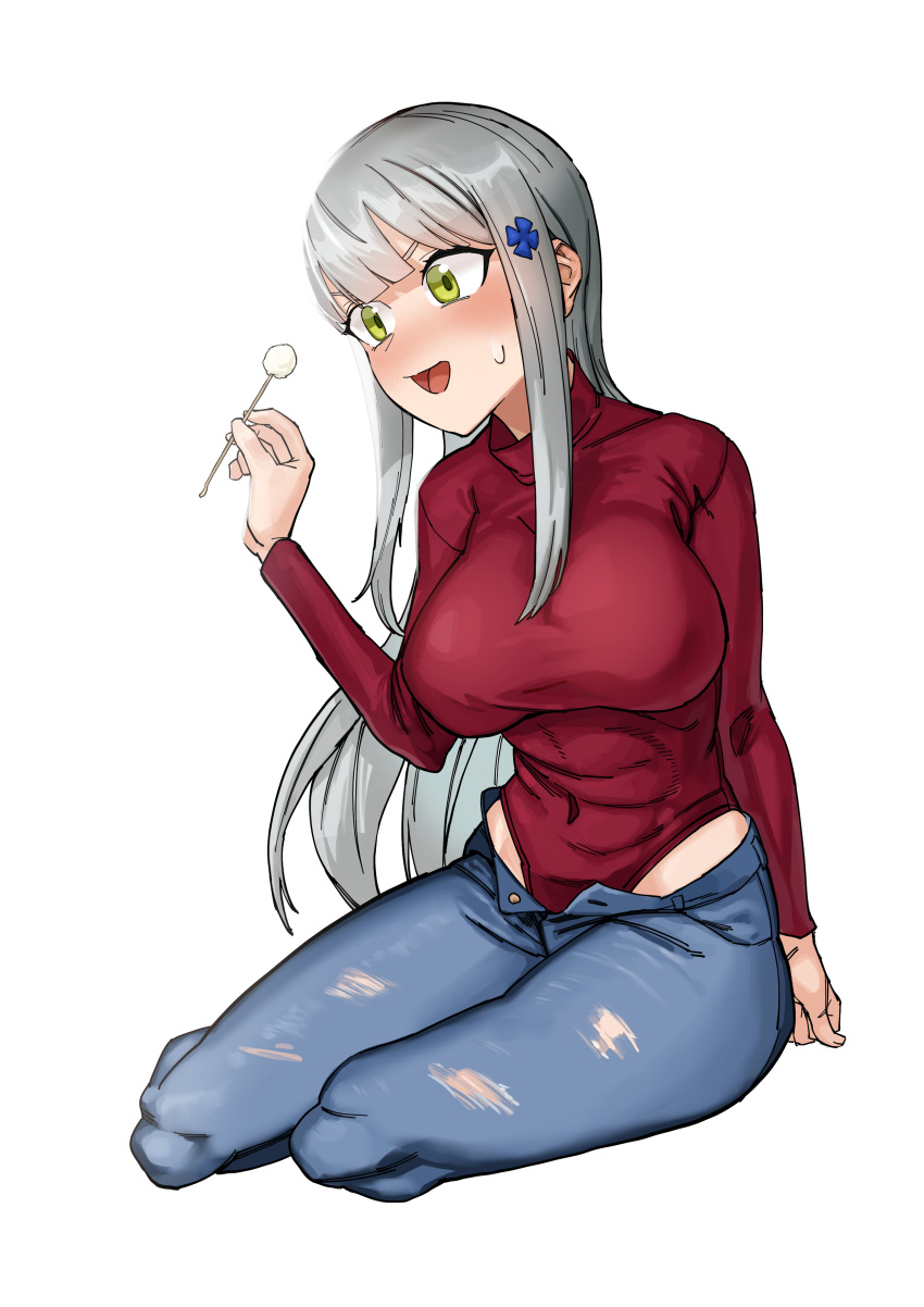 1girl :d absurdres bangs blunt_bangs blush breasts covered_navel de_tonation denim girls_frontline green_eyes grey_hair hair_ornament highres hk416_(girls_frontline) jeans leotard long_hair mimikaki open_mouth pants simple_background sitting smile solo sweatdrop torn_clothes torn_legwear white_background yokozuwari