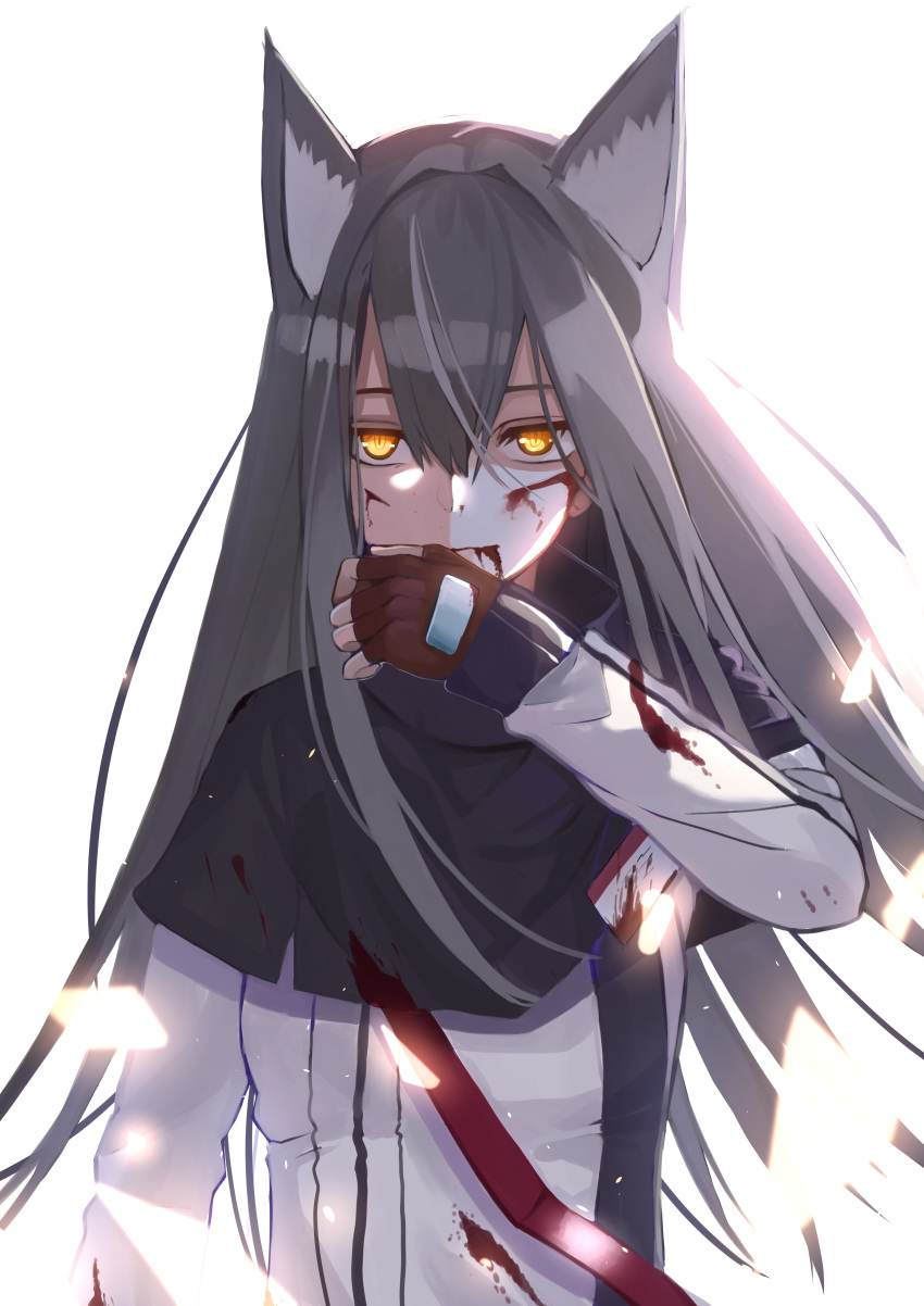 1girl absurdres animal_ears arknights blood blood_from_mouth blood_on_face bloody_clothes brown_gloves capelet closed_mouth fingerless_gloves gloves grey_hair hand_on_own_face highres jacket long_hair sleeves sleeves_past_wrists surato texas_(arknights) torn_clothes white_background wolf_ears yellow_eyes