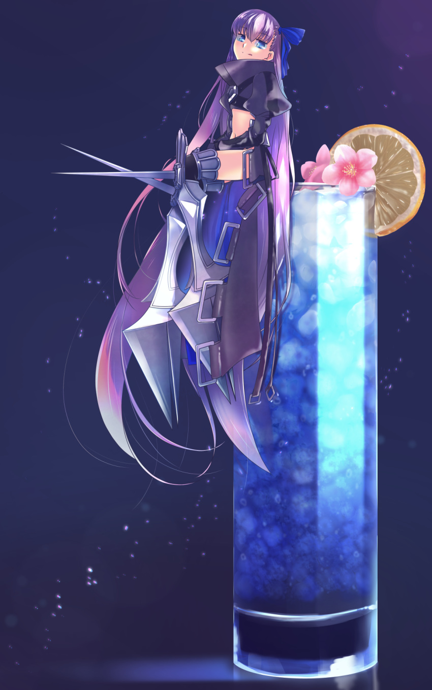 1girl armored_boots bangs black_jacket blue_background blue_eyes blue_ribbon blush boots breasts closed_mouth cropped_jacket cup drinking_glass fate/extra fate/extra_ccc fate_(series) flower food fruit gradient gradient_background hair_ribbon highres jacket lemon lemon_slice licking_lips long_hair long_sleeves looking_at_viewer meltryllis mentaiko_mamire navel oversized_object prosthesis prosthetic_leg purple_hair ribbon sitting sleeves_past_fingers sleeves_past_wrists small_breasts smile tongue tongue_out very_long_hair