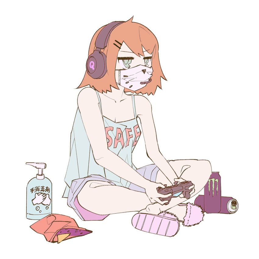 1girl can clothes_writing collarbone controller coronavirus_pandemic dualshock flat_color game_controller gamepad green_eyes hair_between_eyes hair_ornament hairclip hand_soap headphones highres holding_game_controller mask monster_energy mouth_mask orange_hair original short_hair shorts simple_background sitting slippers soap solo vinne whisker_markings white_background