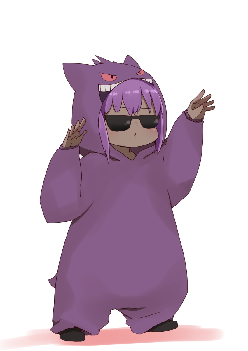 1girl arm_up bangs black_footwear blush closed_mouth cosplay dark_skin eyebrows_visible_through_hair fate/prototype fate/prototype:_fragments_of_blue_and_silver fate_(series) full_body gen_1_pokemon gengar gengar_(cosplay) hand_up hassan_of_serenity_(fate) highres hood hood_up i.u.y long_sleeves pokemon puffy_long_sleeves puffy_sleeves purple_hair shoes sleeves_past_wrists solo standing sunglasses white_background