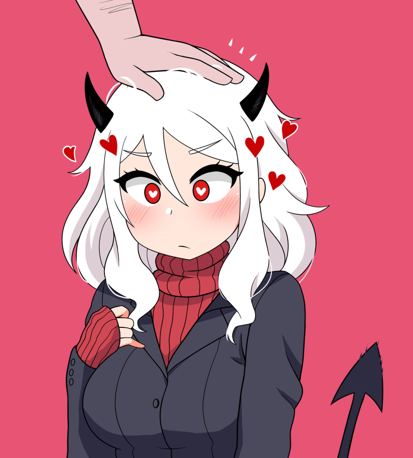 1girl black_horns black_suit blush breasts demon_girl demon_horns demon_tail heart heart-shaped_pupils helltaker highres horns large_breasts long_sleeves looking_at_viewer modeus_(helltaker) red_eyes red_sweater shirt short_hair sleeves_past_wrists solo sweater symbol-shaped_pupils tail the_only_shoe turtleneck white_hair