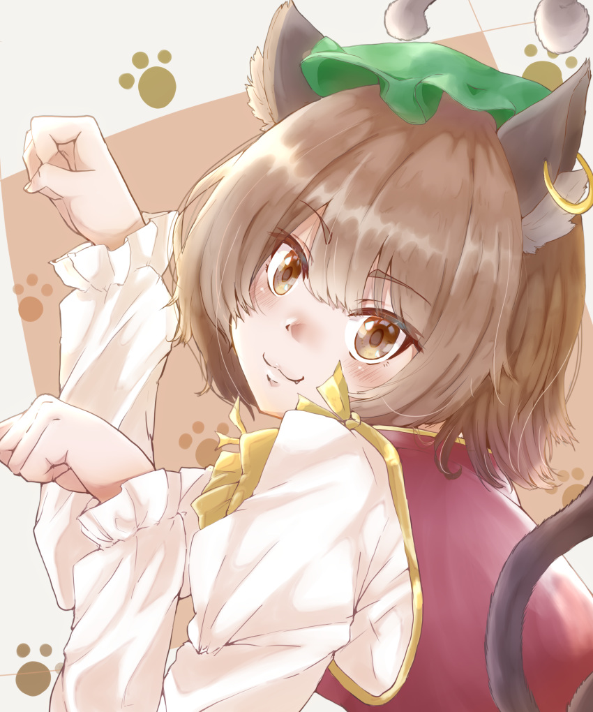 1girl :3 absurdres animal_ear_fluff animal_ears arms_up bangs blush bow bowtie brown_background brown_eyes brown_hair cat_ears cat_tail chen commentary eyebrows_visible_through_hair fang fang_out from_side green_headwear grey_background gumi_(fwjn7284) hair_between_eyes hat head_tilt highres jewelry long_sleeves looking_at_viewer mob_cap multiple_tails paw_pose paw_print red_vest shiny shiny_hair shirt short_hair single_earring solo standing tail touhou two-tone_background upper_body vest white_shirt yellow_neckwear