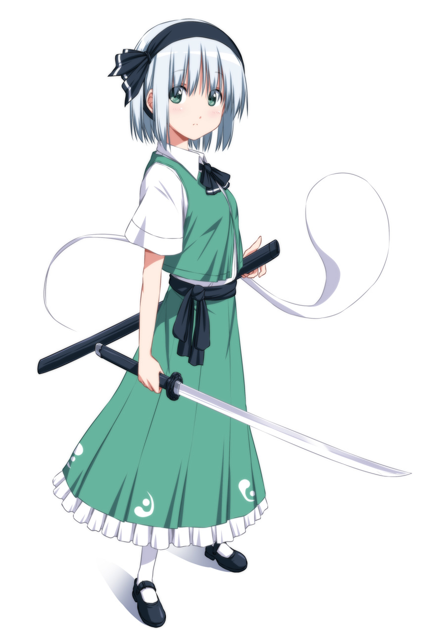 1girl ascot bangs black_footwear black_hairband black_neckwear black_ribbon blush bob_cut closed_mouth collared_shirt commentary_request eyebrows_visible_through_hair frilled_skirt frills full_body green_skirt green_vest hair_ribbon hairband highres hitodama holding holding_sword holding_weapon katana konpaku_youmu konpaku_youmu_(ghost) long_skirt looking_at_viewer mary_janes nori_tamago ribbon sheath shirt shoes short_sleeves simple_background skirt solo standing sword touhou unsheathed vest weapon white_background white_legwear white_shirt wing_collar