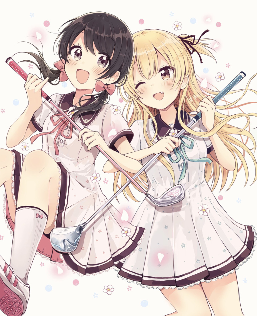 2girls :d ;d bangs black_hair black_ribbon blonde_hair blue_ribbon blush bow brown_eyes collared_dress commentary_request dress eyebrows_visible_through_hair fang floral_background flower golf_club grey_background hair_between_eyes hair_bow hair_ribbon highres holding long_hair low_twintails multiple_girls neck_ribbon one_eye_closed one_side_up open_mouth pink_bow pink_ribbon pleated_dress ribbon sakura_oriko shoe_soles shoes short_sleeves signature smile socks swing!! twintails very_long_hair white_dress white_flower white_footwear white_legwear