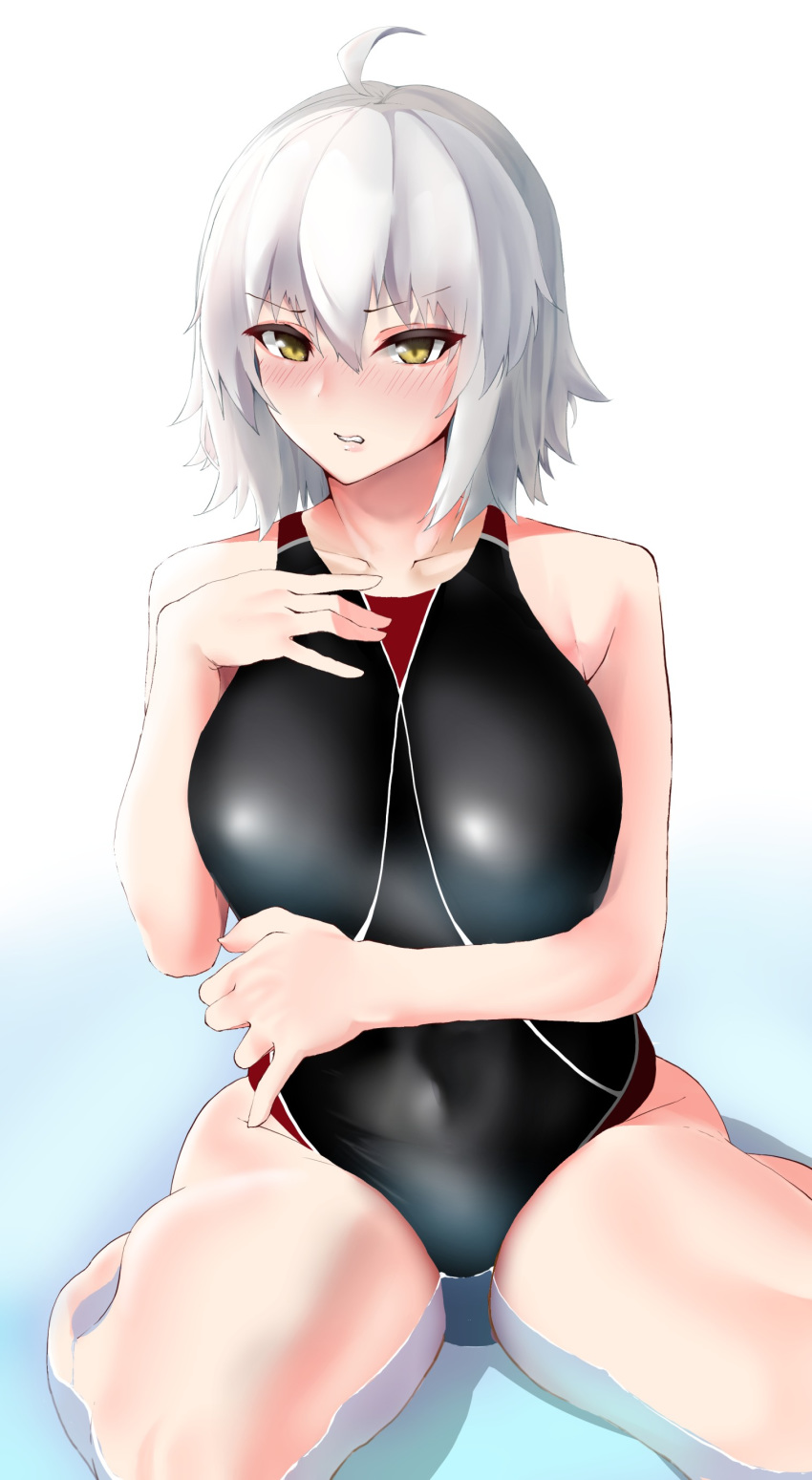 1girl absurdres ahoge bangs bare_shoulders black_swimsuit blush breasts competition_swimsuit covered_navel fate/grand_order fate_(series) hand_on_own_chest highres jeanne_d'arc_(alter)_(fate) jeanne_d'arc_(fate)_(all) large_breasts looking_at_viewer navel one-piece_swimsuit parted_lips short_hair silver_hair sitting sukonnu swimsuit thighs wariza water yellow_eyes