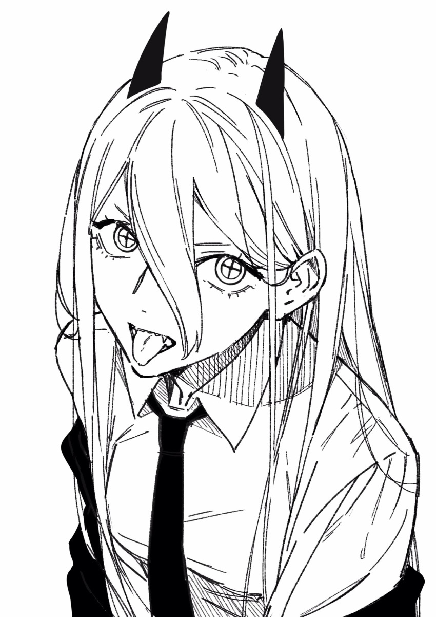 1girl black_horns black_jacket black_neckwear chainsaw_man clothes_around_waist collared_shirt demon_girl demon_horns fangs formal hair_between_eyes highres horns jacket jacket_around_waist long_hair looking_at_viewer looking_up monochrome necktie neckwear nipi27 open_mouth power_(chainsaw_man) sharp_teeth shirt simple_background solo teeth tongue tongue_out upper_body very_long_hair white_background